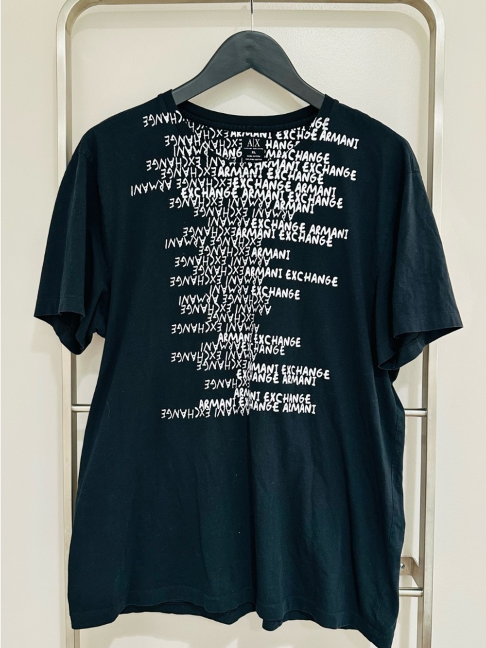 Armani Exchange Black Tee with White Stacked Logo Design